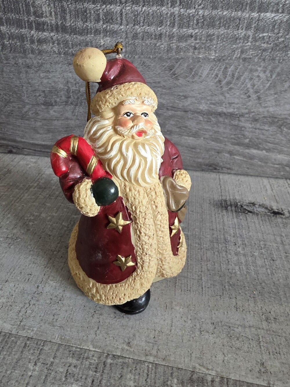 4.5” Santa Ornament With Candy Cane Presents Red Jacket w Golden Stars G37c